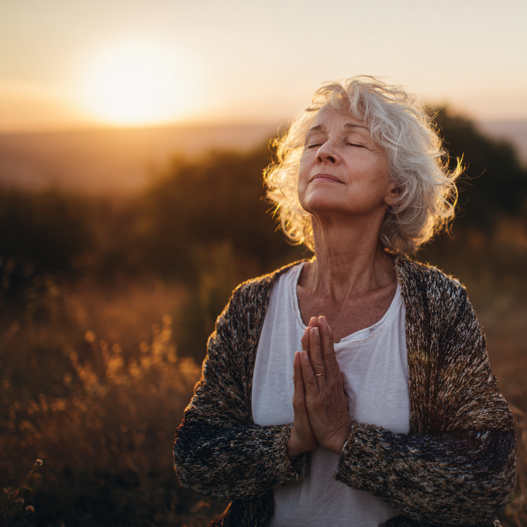 Elderly European woman practicing gentle yoga poses outdoors in a peaceful garden setting, smiling with a sense of inner peace and physical wellbeing