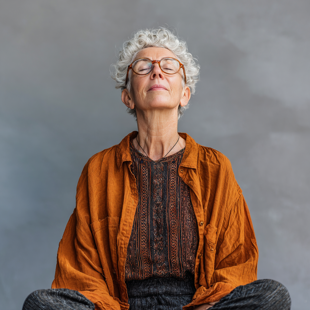 Senior European man in comfortable yoga attire performing gentle breathing exercises while sitting cross-legged in a peaceful indoor studio, looking relaxed and centered