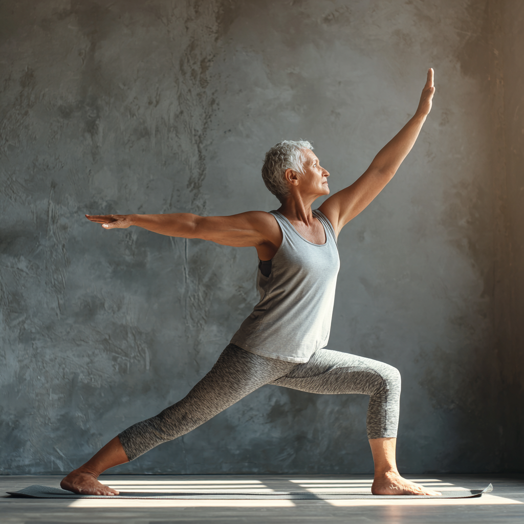 Elderly European woman practicing tree pose outdoors during golden hour, demonstrating perfect balance and inner peace with a gentle smile, surrounded by nature
